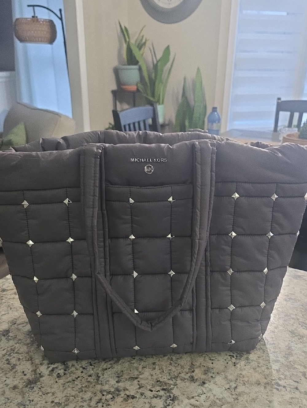 Michael Kors Quilted Tote in Charcoal with Silver Studs